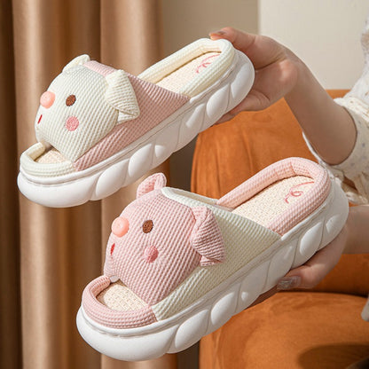 Piggy Cute Couple Open Toe Linen Cotton Linen Slippers