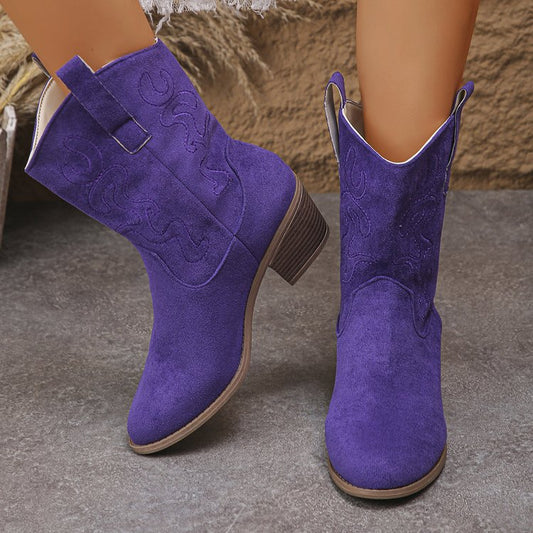 Pointed Toe Western Boots Fashion Retro Embroidered Chunky Square-heeled Mid-calf Boot For Women
