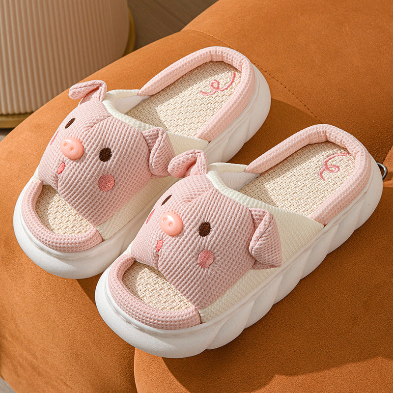 Piggy Cute Couple Open Toe Linen Cotton Linen Slippers