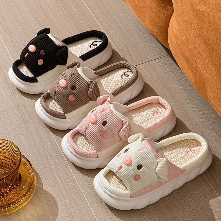 Piggy Cute Couple Open Toe Linen Cotton Linen Slippers